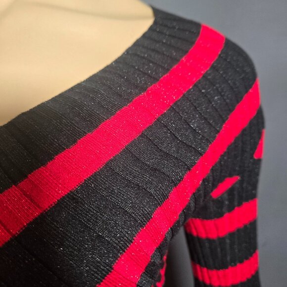 Y2K INC Striped Fitted Sweater Size XS Red Black Glitter Ribbed V Neck Emo - Picture 3 of 10
